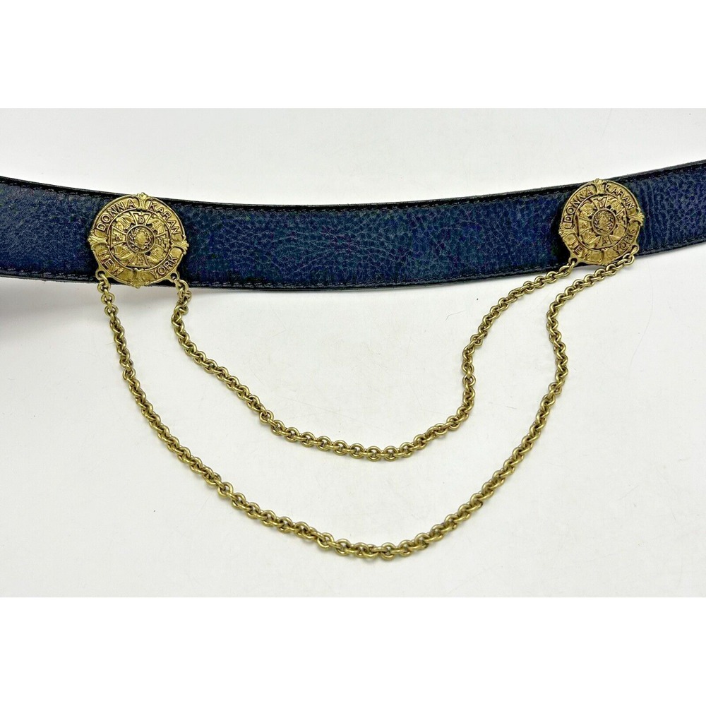 Vintage Belt Womens Small Donna Karan DKNY Black Leather Chain Statement USA 80s